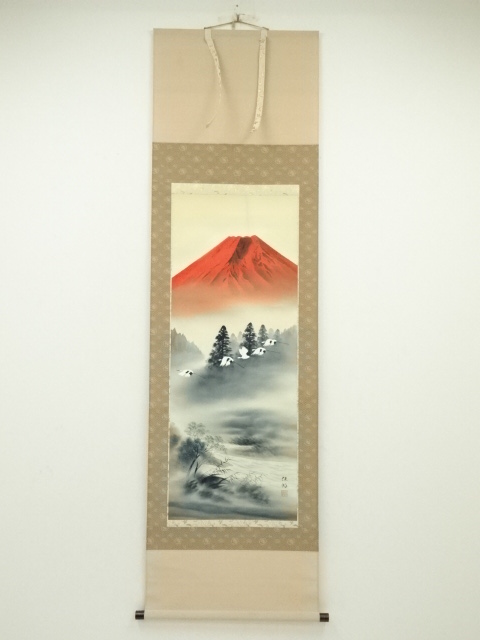  JAPANESE HANGING SCROLL / HAND PAINTED / CRANE WITH Mt.FUJI 
